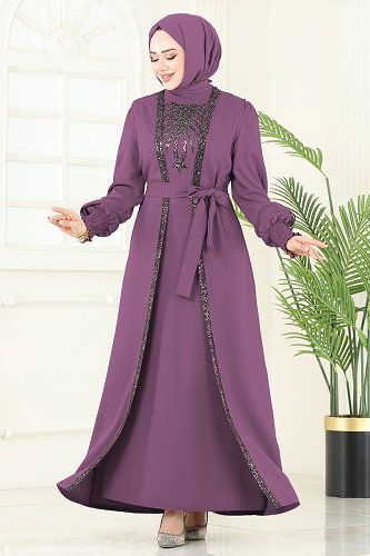 moda selvim Payet Detaylı Yelekli Abiye 2758ASMK1074 Koyu Lila - Thumbnail