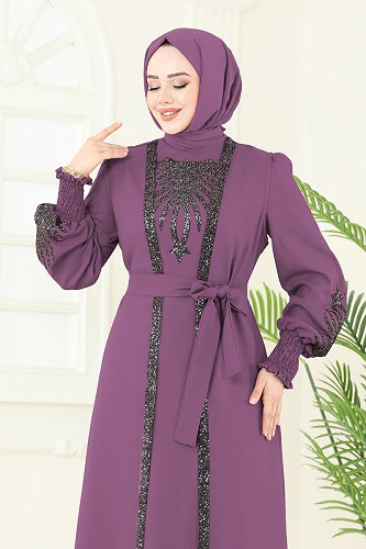 moda selvim Payet Detaylı Yelekli Abiye 2758ASMK1074 Koyu Lila - Thumbnail