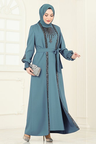 moda selvim Payet Detaylı Yelekli Abiye 2758ASMK1074 Mavi - Thumbnail