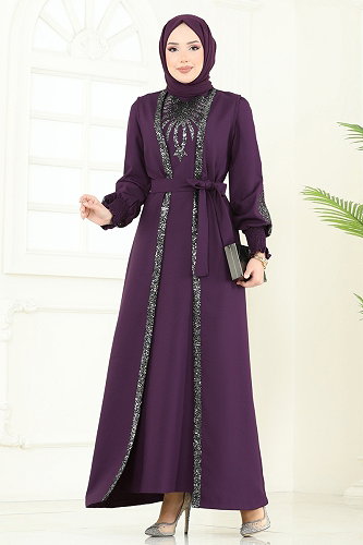 moda selvim Payet Detaylı Yelekli Abiye 2758ASMK1074 Mor - Thumbnail