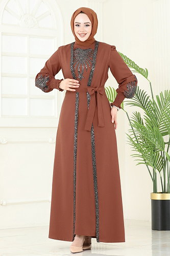 moda selvim Payet Detaylı Yelekli Abiye 2758ASMK1074 Taba - Thumbnail
