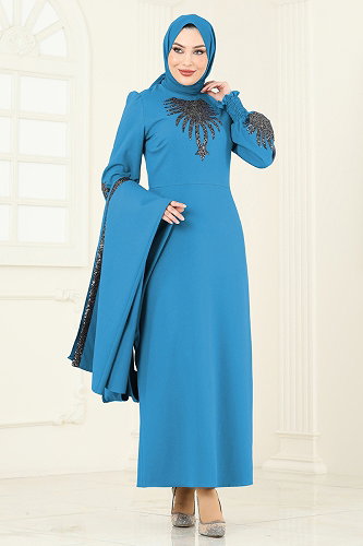 moda selvim Payet Detaylı Yelekli Abiye 2758ASMK1074 Turkuaz - Thumbnail