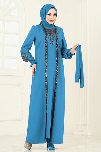 moda selvim Payet Detaylı Yelekli Abiye 2758ASMK1074 Turkuaz - Thumbnail