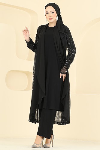 moda selvim Payetli Şık 3 lü Takım 5706EDFK1198 Siyah - Thumbnail