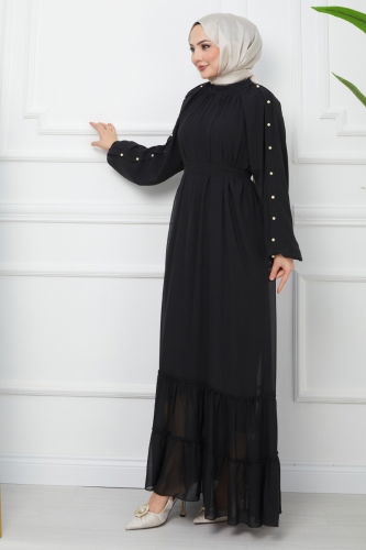 moda selvim Pearl Detailed Chiffon Dress EFS536 Black - Thumbnail