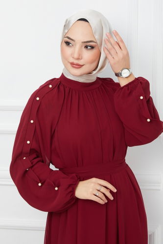 moda selvim Pearl Detailed Chiffon Dress EFS536 Burgundy - Thumbnail