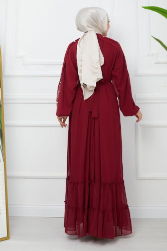 moda selvim Pearl Detailed Chiffon Dress EFS536 Burgundy - Thumbnail