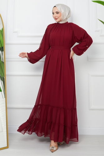 moda selvim Pearl Detailed Chiffon Dress EFS536 Burgundy - Thumbnail