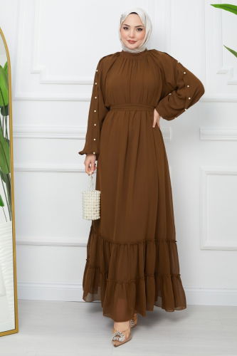 moda selvim Pearl Detailed Chiffon Dress EFS536 Brown - Thumbnail