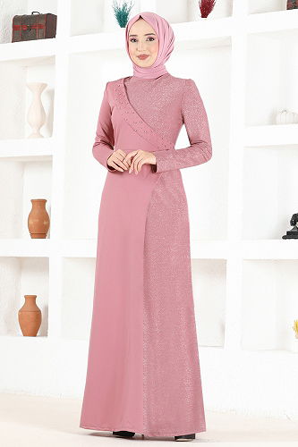 moda selvim Pearl Detailed Evening Dress ASM2530-M Rose Dry - Thumbnail