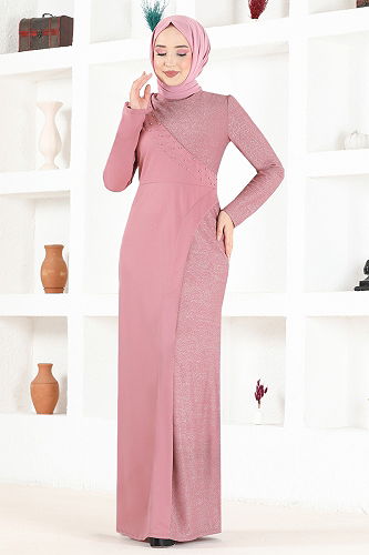 moda selvim Pearl Detailed Evening Dress ASM2530-M Rose Dry - Thumbnail