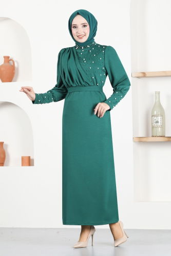 moda selvim Pearl Detailed Pencil Evening Dress TGE2118 Emerald - Thumbnail