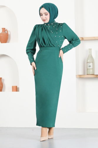 moda selvim Pearl Detailed Pencil Evening Dress TGE2118 Emerald - Thumbnail