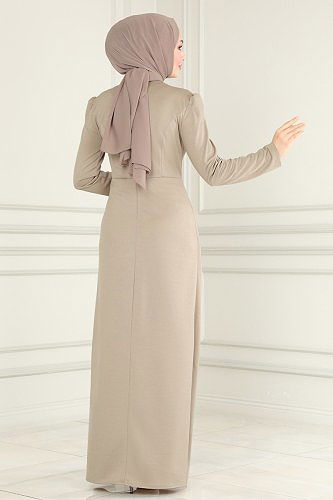 moda selvim الفستان بيج وأسود ASM2459 - Thumbnail