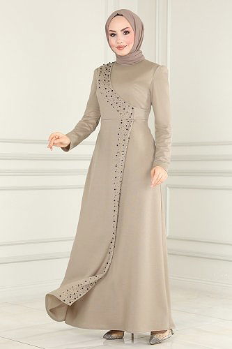 moda selvim الفستان بيج وأسود ASM2459 - Thumbnail