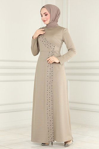 moda selvim الفستان بيج وأسود ASM2459 - Thumbnail