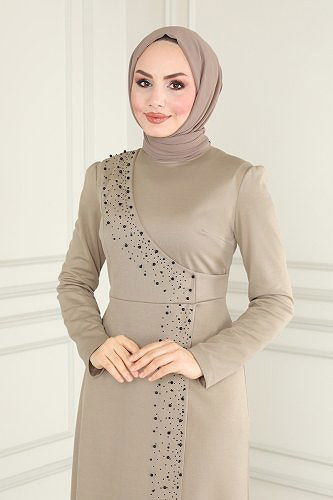 moda selvim الفستان بيج وأسود ASM2459 - Thumbnail