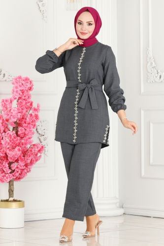 moda selvim Pearl Embroidered Linen Suit 5005HBS856 Anthracite - Thumbnail