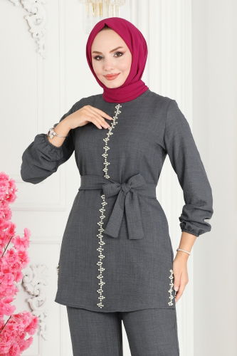 moda selvim Pearl Embroidered Linen Suit 5005HBS856 Anthracite - Thumbnail