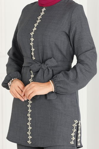 moda selvim Pearl Embroidered Linen Suit 5005HBS856 Anthracite - Thumbnail