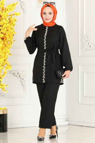 moda selvim Pearl Embroidered Linen Suit 5005HBS856 Black - Thumbnail