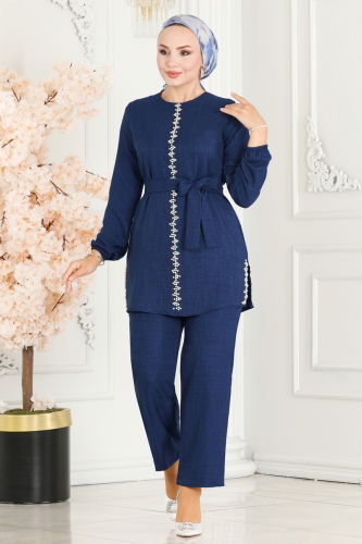 H.B.S. - Pearl Embroidered Linen Suit 5005HBS856 Navy Blue