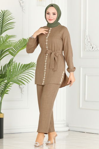 moda selvim Pearl Embroidered Linen Suit 5005HBS856 Latte - Thumbnail