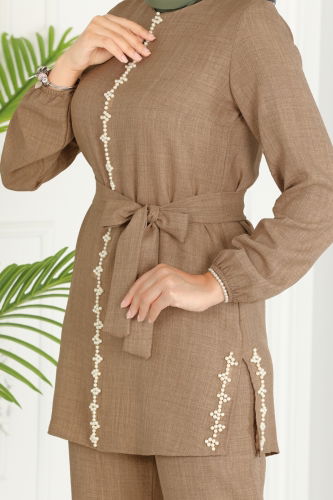 moda selvim Pearl Embroidered Linen Suit 5005HBS856 Latte - Thumbnail