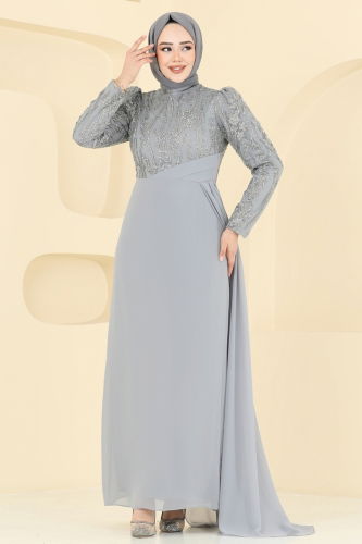 moda selvim Pelerin Detay Şifon Abiye 6625YG95 Gri - Thumbnail