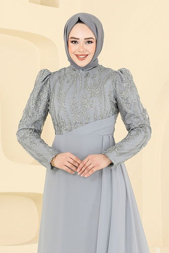 moda selvim Pelerin Detay Şifon Abiye 6625YG95 Gri - Thumbnail