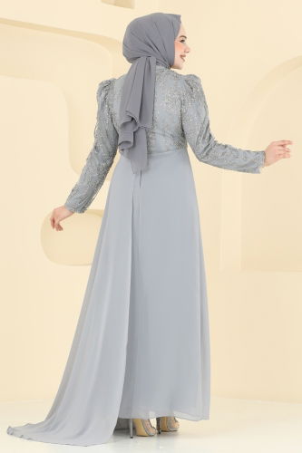 moda selvim Pelerin Detay Şifon Abiye 6625YG95 Gri - Thumbnail