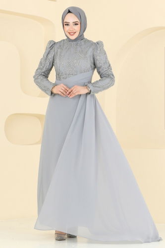 moda selvim Pelerin Detay Şifon Abiye 6625YG95 Gri - Thumbnail