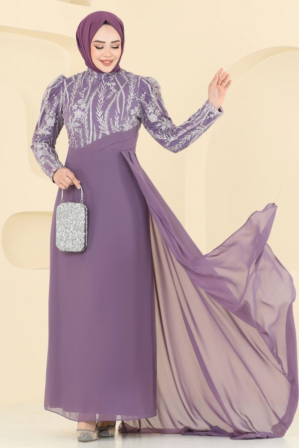 Modaselvim ABİYE Pelerin Detay Şifon Abiye 6625YG95 Koyu Lila