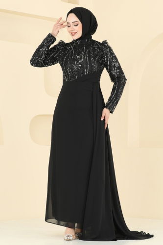 moda selvim Pelerin Detay Şifon Abiye 6625YG95 Siyah - Thumbnail