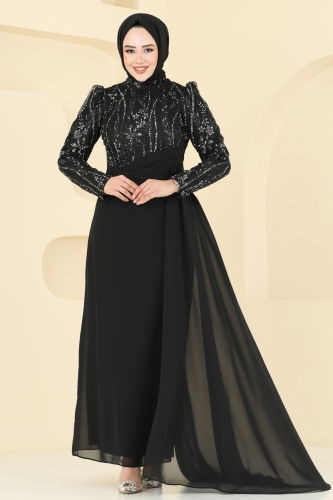 moda selvim Pelerin Detay Şifon Abiye 6625YG95 Siyah - Thumbnail