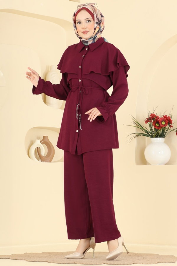 Modaselvim Kombin Pelerin Detaylı 2 li Takım 9244PLK541 Bordo