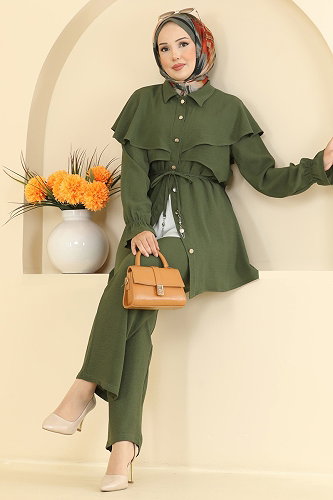 moda selvim Pelerin Detaylı 2 li Takım 9244PLK541 Haki - Thumbnail