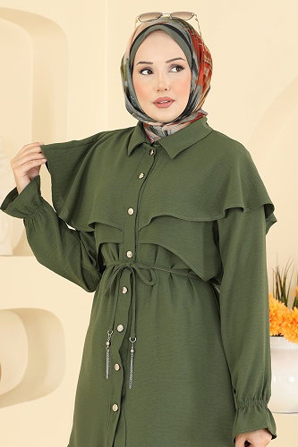 moda selvim Pelerin Detaylı 2 li Takım 9244PLK541 Haki - Thumbnail