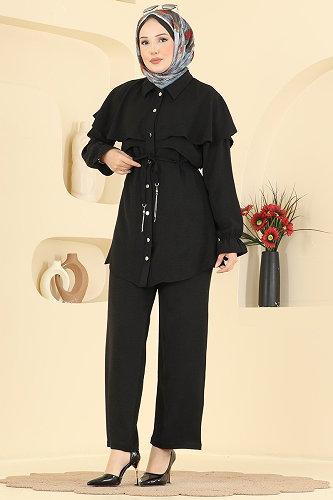 moda selvim Pelerin Detaylı 2 li Takım 9244PLK541 Siyah - Thumbnail