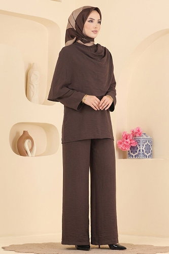 moda selvim Pelerin Detaylı Bağcıklı Takım 023ZMRK1203 Acı Kahve - Thumbnail
