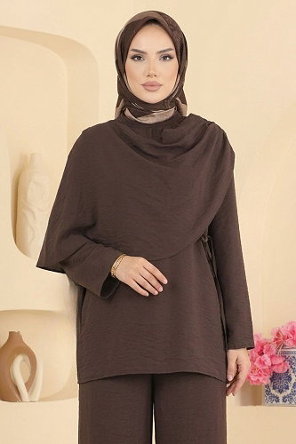 moda selvim Pelerin Detaylı Bağcıklı Takım 023ZMRK1203 Acı Kahve - Thumbnail