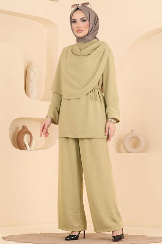 moda selvim Pelerin Detaylı Bağcıklı Takım 023ZMRK1203 Çağla - Thumbnail