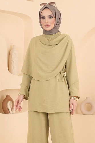moda selvim Pelerin Detaylı Bağcıklı Takım 023ZMRK1203 Çağla - Thumbnail