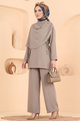 moda selvim Pelerin Detaylı Bağcıklı Takım 023ZMRK1203 Koyu Vizyon - Thumbnail