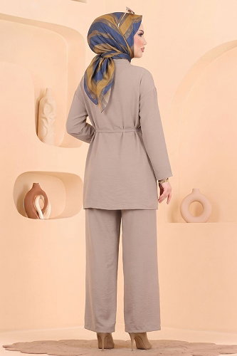moda selvim Pelerin Detaylı Bağcıklı Takım 023ZMRK1203 Koyu Vizyon - Thumbnail