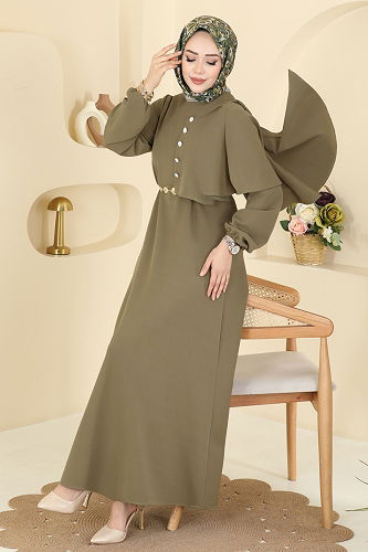 moda selvim Pelerin Detaylı Dabıl Elbise 875ART1138 Çağla - Thumbnail