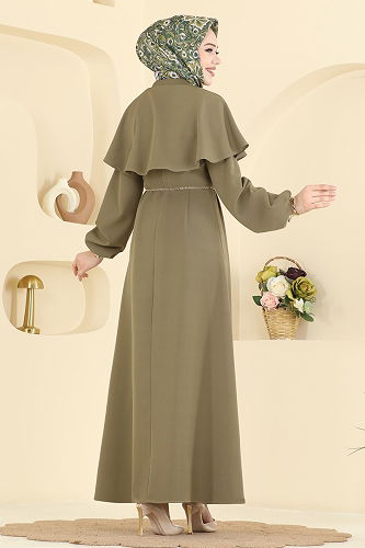 moda selvim Pelerin Detaylı Dabıl Elbise 875ART1138 Çağla - Thumbnail