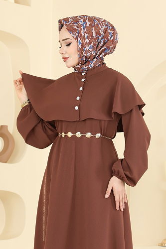 moda selvim Pelerin Detaylı Dabıl Elbise 875ART1138 Koyu Taba - Thumbnail
