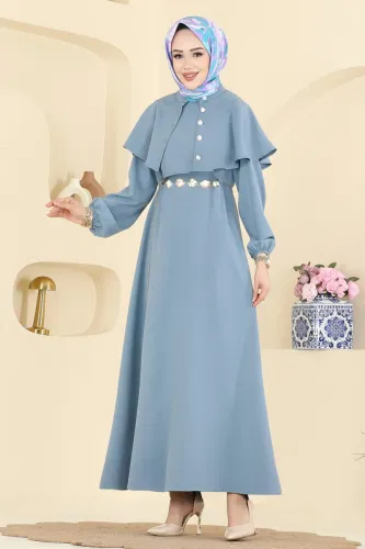A.R.T. - Pelerin Detaylı Dabıl Elbise 875ART1138 Mavi