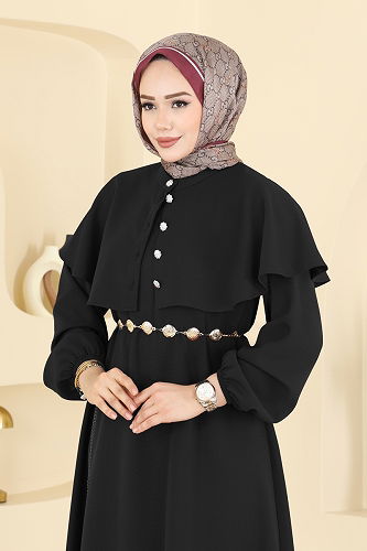 moda selvim Pelerin Detaylı Dabıl Elbise 875ART1138 Siyah - Thumbnail